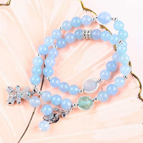 8MM+10MM Multi-Layer Aquamarine Chalcedony Bead With Bear Natural Handmade Crystal Bracelet FJHMACB001