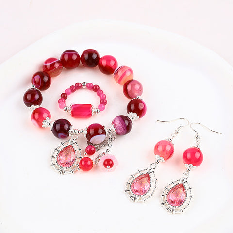 Hot Pink Bead Natural Handmade Crystal Set including Earring and Bracelet FJHHPS001