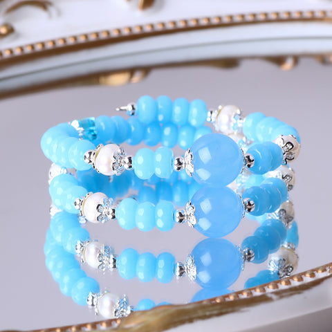 8MM+14MM Blue Chalcedony Bead Natural Handmade Crystal Bangle FJHBCB001