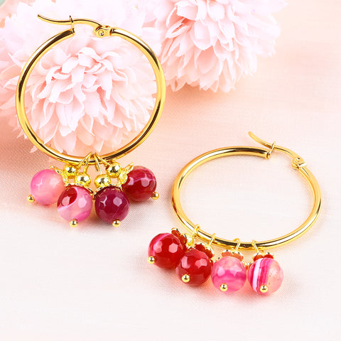 14g/pc Rose Red Agate Bead Hoops Natural Handmade Crystal Earrings FJHHRRE001