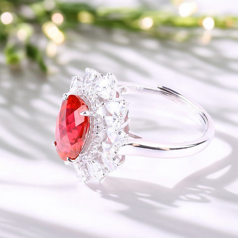 S925 Silver Lab Grown Gemstone Ruby Oval Flower Ring FJLRR001