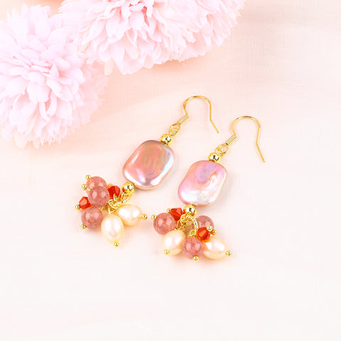 9.5g/pc Pearl with Strawberry Quartz Bead Natural Handmade Pearl Earrings FJHPSE001