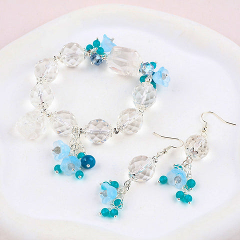 Clear Quartz Bead with Blue Flower Fox Charm Natural Handmade Crystal Set including Earring and Bracelet FJHCBS001