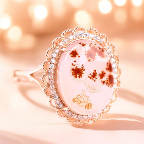 S925 Silver Natural Adjustable Cherry Blossom Agate Big Oval Gemstone Ring FJBR001