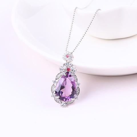 S925 Silver Natural Amethyst Water Drop Gemstone Necklace FJAN002