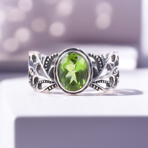 S925 Silver Natural Adjustable Peridot Oval  Macrame Gemstone Ring FJPR002