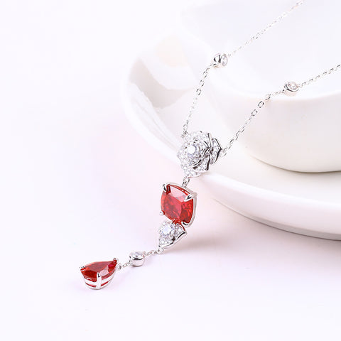 S925 Silver Lab Grown Gemstone Ruby Dangle Flower Square with Teardrop Necklace FJLRFN002