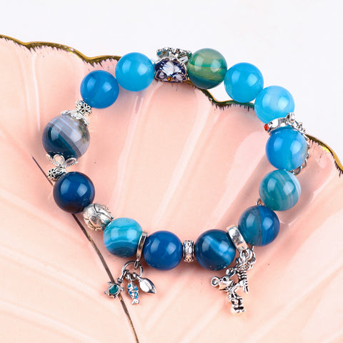 12MM Blue Striped Agate Bead with Mickey Mouse Natural Handmade Crystal Bracelet FJHBSAB001