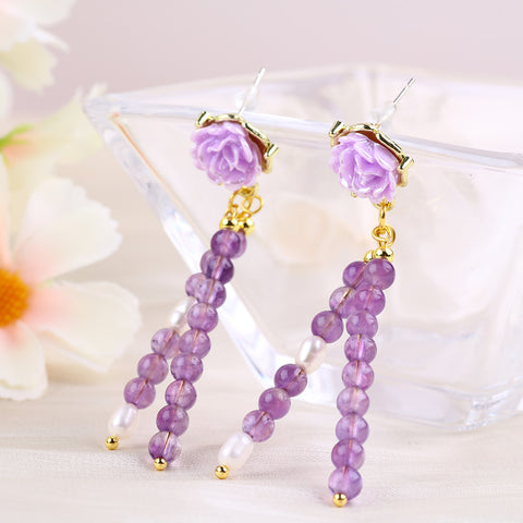 14g/pc Amethyst Bead With Flower Natural Handmade Crystal Earrings FJHNAFE001