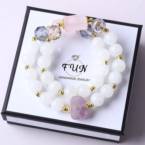 10MM+12MM White Jade Pink Quartz With Amethyst Bead Multi-Layer Natural Handmade Crystal Bracelet FJHMWJB001