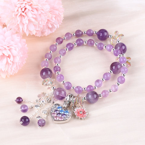 8MM Multi-Layer Purple Bead with Heart Natural Handmade Crystal Bracelet FJHMPHB001