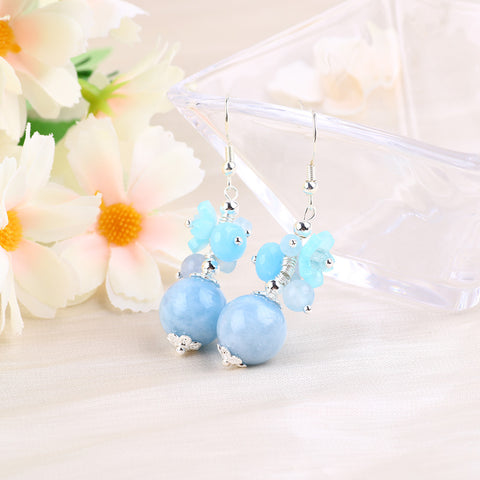 19g/pc Aquamarine Bead With Flower Natural Handmade Crystal Earrings FJHMABE001