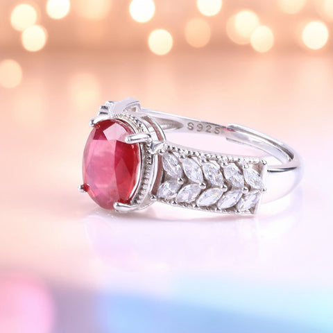 S925 Silver Natural  Adjustable Ruby Leaf Lace Gemstone Ring FJRR003