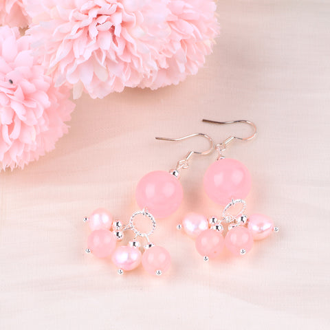 15.5g/pc Rose Quartz with Pearl Bead Natural Handmade Crystal Earrings FJHPRE002