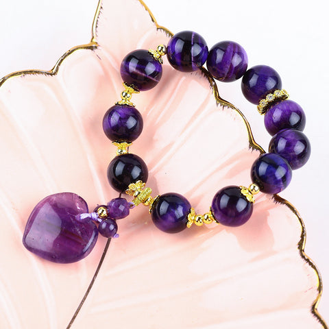 14MM Dark Amethyst Bead with Purple Heart Natural Handmade Crystal Bracelet FJHDABB001