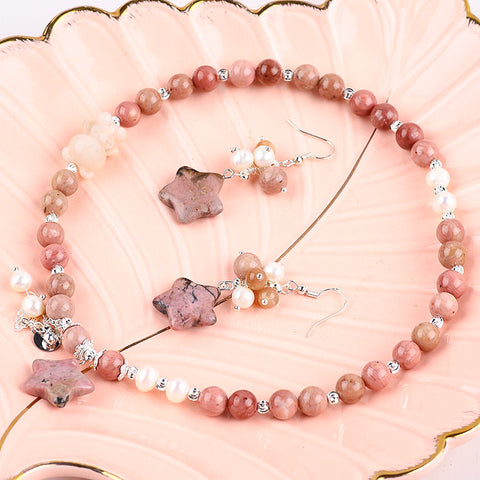 Rhodonite Bead with Pearl Natural Handmade Crystal Set including Star Earring and Bear Double Bracelet FJHRPS001