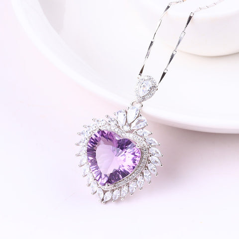 S925 Silver Natural Amethyst Heart Gemstone Necklace FJAN001