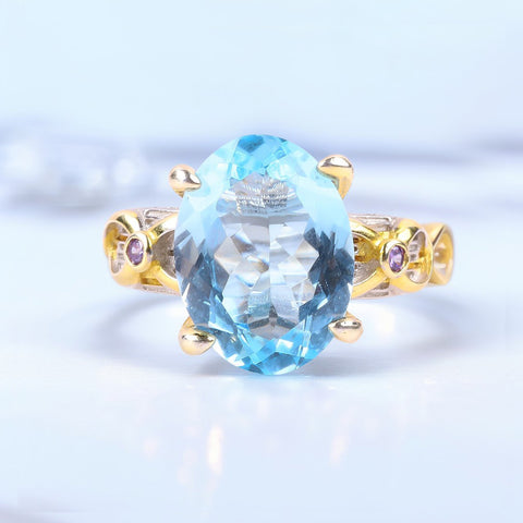 S925 Silver Natural  Adjustable Blue Topaz Oval Gemstone Ring FJTR005