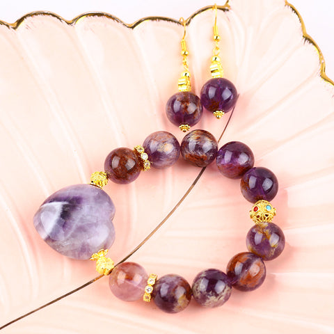 Amethyst Phantom Bead Natural Handmade Crystal Set including Earring and Heart Bracelet FJHAPS001