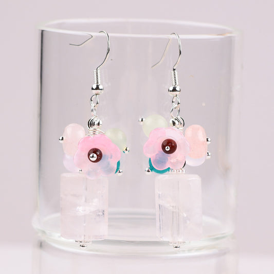 16g/pc Rose Quartz Bead With Flower Natural Handmade Crystal Earrings FJHMRQE001