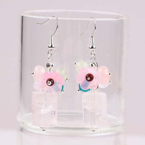 16g/pc Rose Quartz Bead With Flower Natural Handmade Crystal Earrings FJHMRQE001