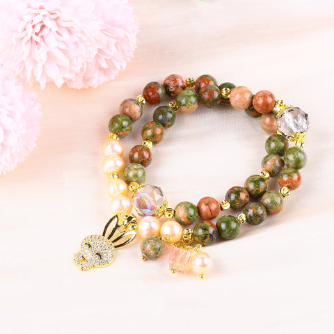 8MM Multi-Layer Unakite Bead with Rabbit Natural Handmade Crystal Bracelet FJHMURB001