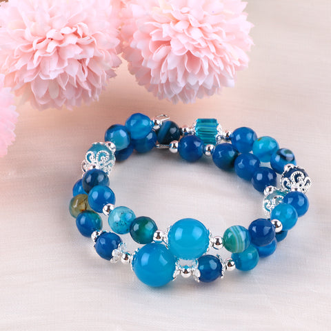 8MM Blue Striped Agate Bead Natural Handmade Crystal Bangle FJHDBAB001