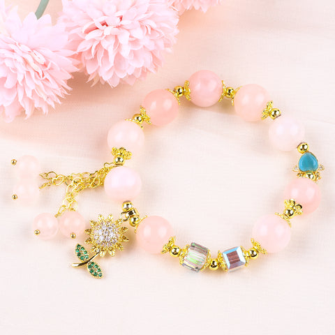 12MM Rose Quartz with Sunflower Bead Natural Handmade Crystal Bracelet FJHRFB001