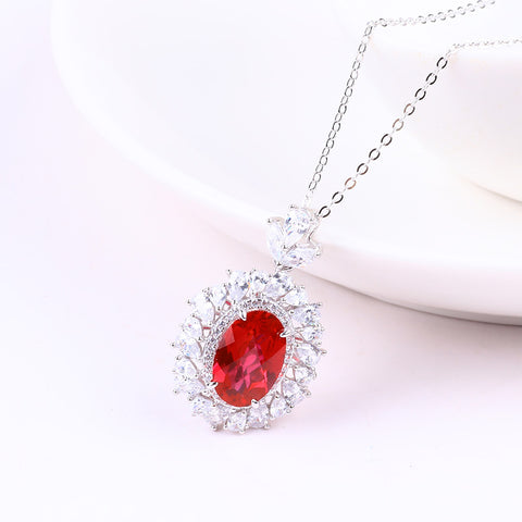 S925 Silver Lab Grown Gemstone Ruby Oval Necklace FJLRN001