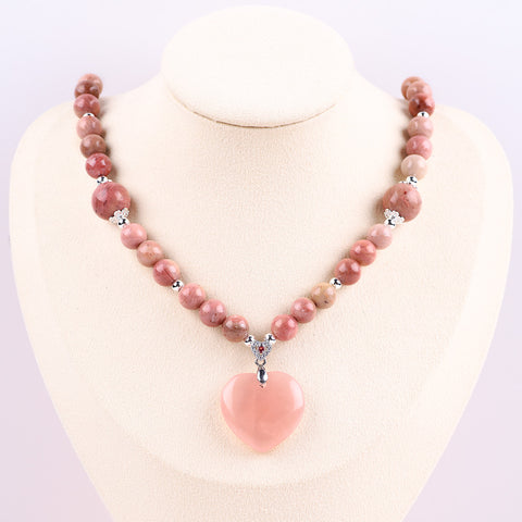 Rhodonite Bead with Rose Quartz Heart Natural Handmade Crystal Necklace FJHRN001