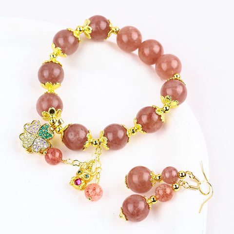 Strawberry Quartz Bead Natural Handmade Crystal Set including Earring and Flower Rolling Bracelet FJHSQS001