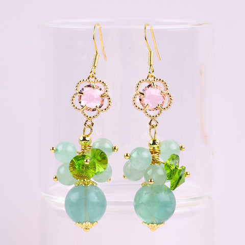 Fluorite Bead with Clover Natural Handmade Crystal Earrings FJHFCE001