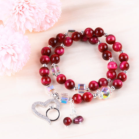 8MM Multi-Layer Rose Red Tiger Eye Bead Natural Handmade Crystal Bracelet FJHMRTB001