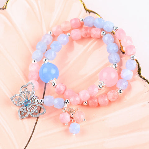 8MM+14MM Multi-Layer Pink Chalcedony With Aquamarine Bead Natural Handmade Crystal Bracelet FJHMPCAB001