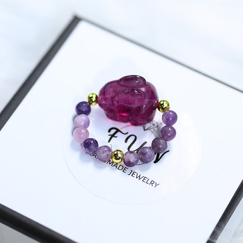 4MM Purple Mica Beads with Rabbit Carving Natural Handmade Crystal Adjustable Ring FJHPMR001