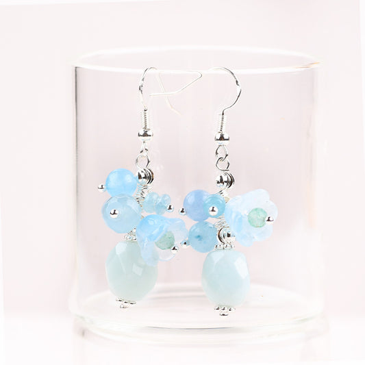 10g/pc Aquamarine Bead With Flower Natural Handmade Crystal Earrings FJHMAE001