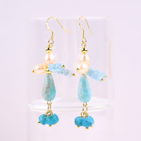 Tianhe Stone Aquamarine with Apatite Bead Natural Handmade Crystal Earrings FJHTAAE001