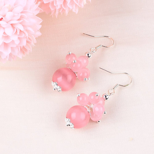 10g/pc Pink Cat's Eye Flower Bead Natural Handmade Crystal Earrings FJHPE001