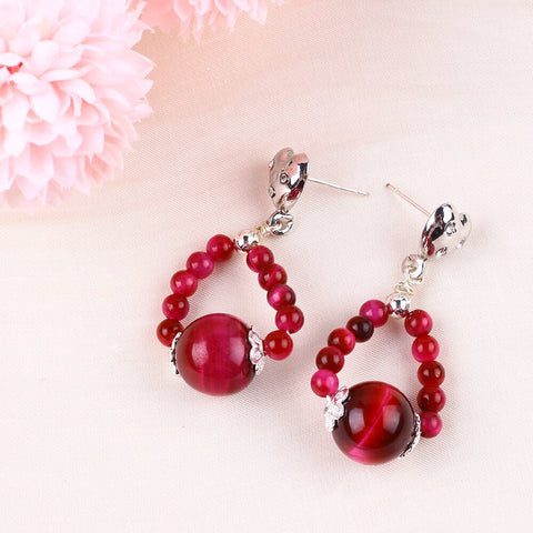 10g/pc Rose Red Tiger's Eye Bead Studs Natural Handmade Crystal Earrings  FJHRTE001