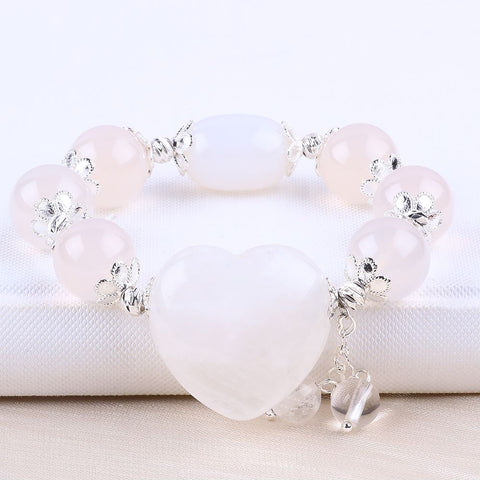 14MM White Agate with Heart Bead Natural Handmade Crystal Bracelet FJHWB002