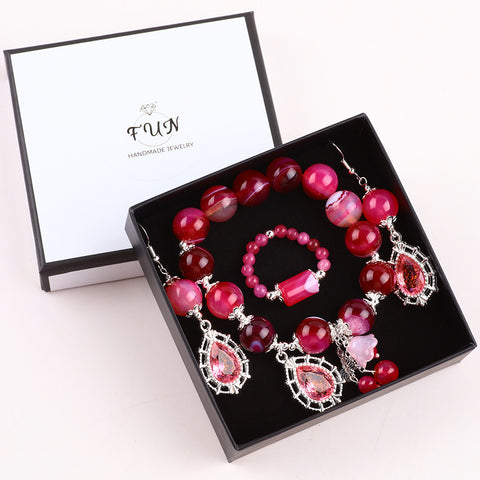 Hot Pink Bead Natural Handmade Crystal Set including Earring and Bracelet FJHHPS001