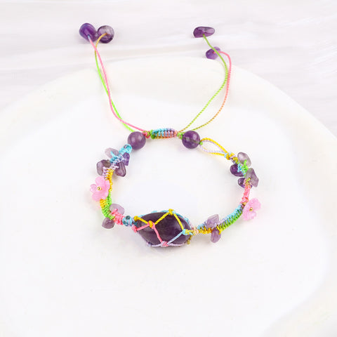 Random Stones with Flower chips Natural Handmade Crystal Adjustable Braided Macrame Tassels Bracelet FJHFTB001