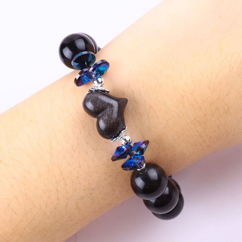 14MM Black Obsidian with Heart Bead Natural Handmade Crystal Bracelet FJHBBOO1