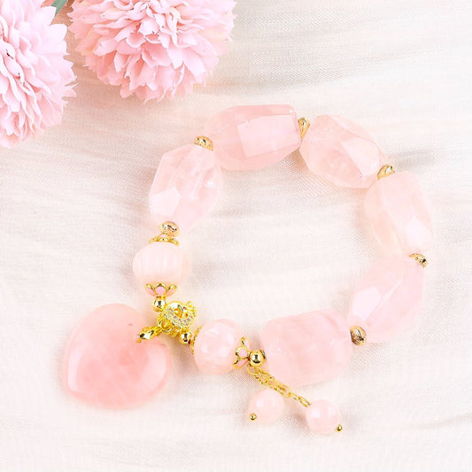 14MM Rose Quartz with Heart Bead Natural Handmade Crystal Bracelet FJHRQRB001