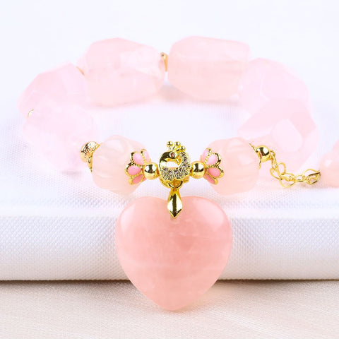 14MM Rose Quartz with Heart Bead Natural Handmade Crystal Bracelet FJHRQRB001