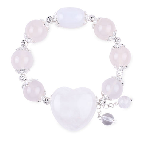 14MM White Agate with Heart Bead Natural Handmade Crystal Bracelet FJHWB002