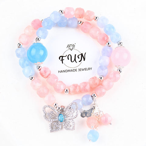 8MM+14MM Multi-Layer Pink Chalcedony With Aquamarine Bead Natural Handmade Crystal Bracelet FJHMPCAB001