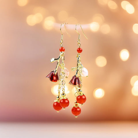 Red Agate Bead with Flower chain Natural Handmade Crystal Earrings FJHRAE001