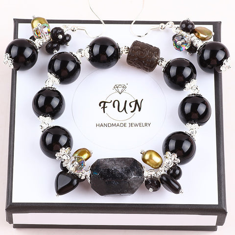 Black Obsidian Bead Natural Handmade Crystal Set including Earring and Bracelet FJHBOS001