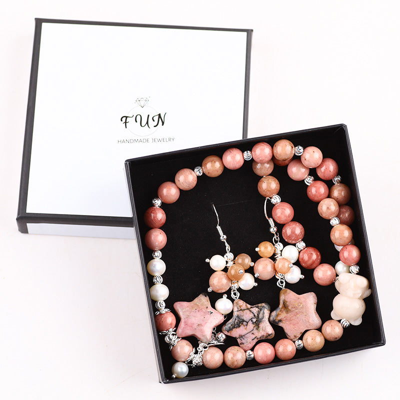 Rhodonite Bead with Pearl Natural Handmade Crystal Set including Star Earring and Bear Double Bracelet FJHRPS001